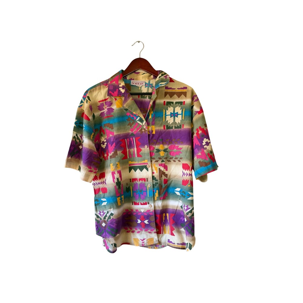 Vintage Cabrais Southwestern Tribal Print Short Sleeve Button Down Shirt Multi